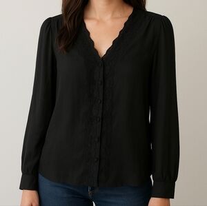 Joie Black Lace Blouse Sz S Faux Button Front‎ Whimsigoth Witchy Neutral Minimal